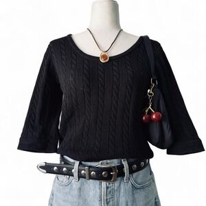Black Cable Knit Sweater Top Savilerow Short Sleeve Minimalist Vintage